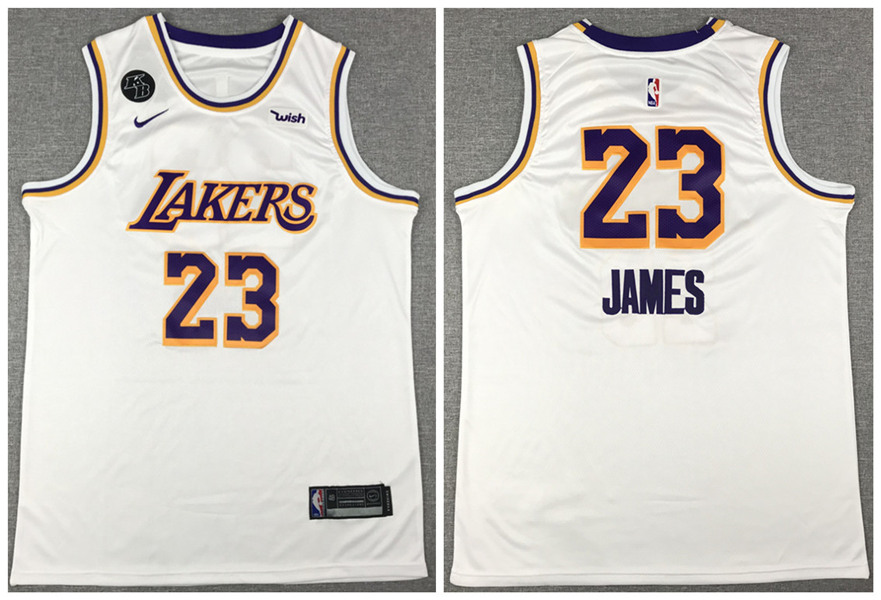 Men's Los Angeles Lakers #23 LeBron James White With KB Patch Stitched NBA Jersey